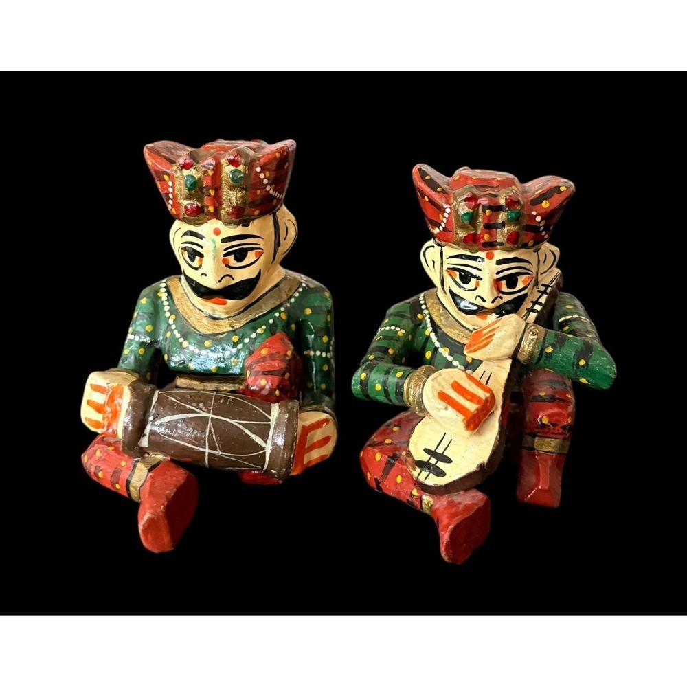 Set Of 2 Hand Carved Painted Wood Sculpture Rajasthani Folk Art Figure India
